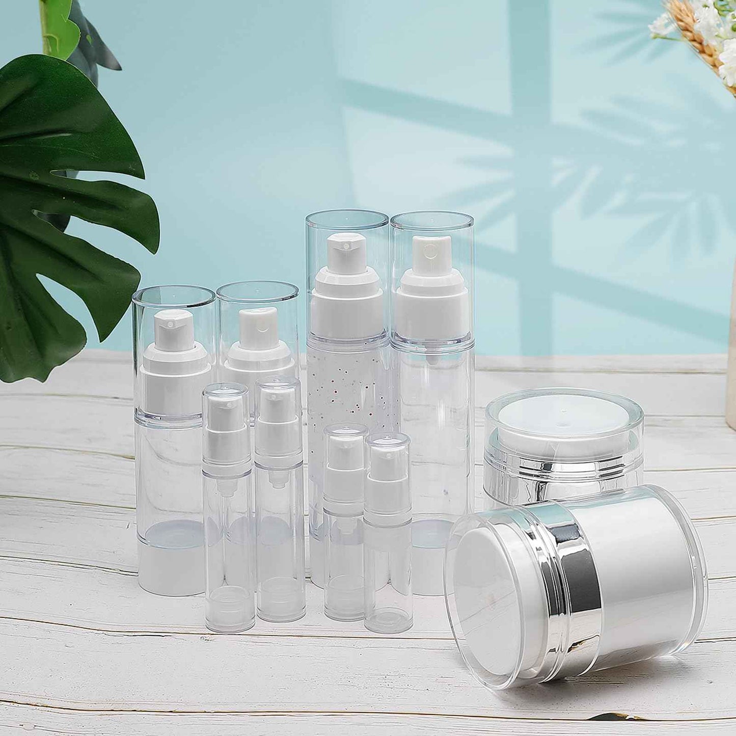 KOUWICH 34 Pack Airless Pump Jars Set, 1.7/1/0.7/0.34oz Refillable Travel Size Containers, Leak-Proof Toiletry Bottles for Skincare and Creams, Lotion, Eye Cream, Liquid, Foundation, Shampoo