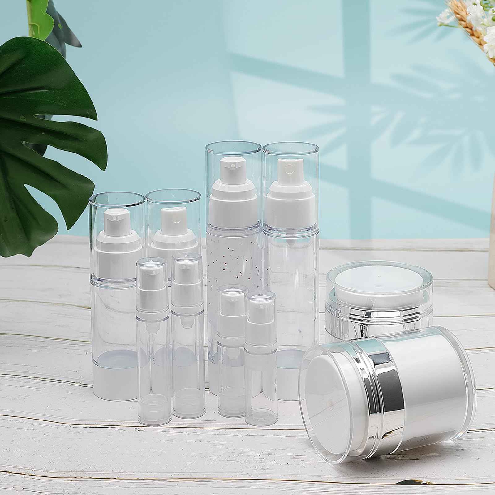 KOUWICH 34 Pack Airless Pump Jars Set, 1.7/1/0.7/0.34oz Refillable Travel Size Containers, Leak-Proof Toiletry Bottles for Skincare and Creams, Lotion, Eye Cream, Liquid, Foundation, Shampoo