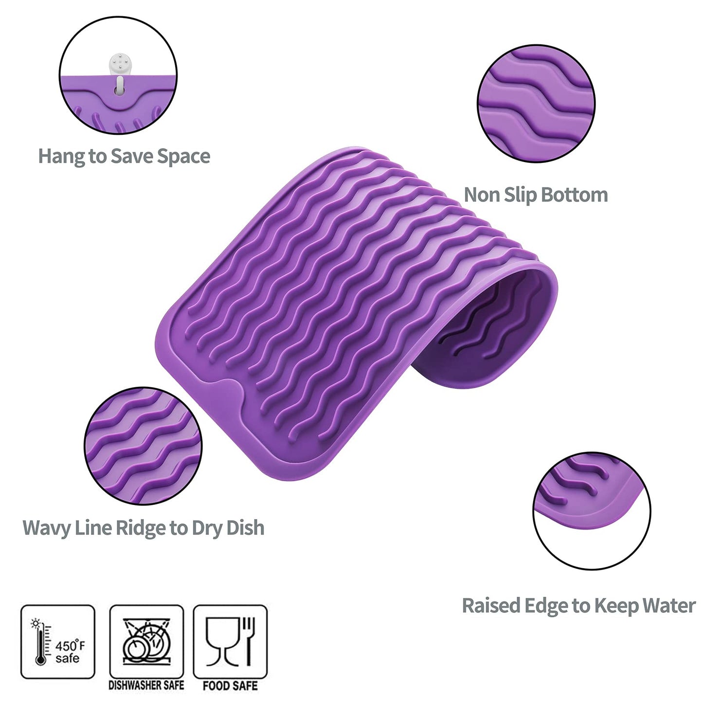 MicoYang Silicone Dish Drying Mat for Multiple Usage,Easy clean,Eco-friendly,Heat-resistant Silicone Mat for Kitchen Counter,Sink,Bar,Bottle,or Cup Purple S 12 inches x 6 inches