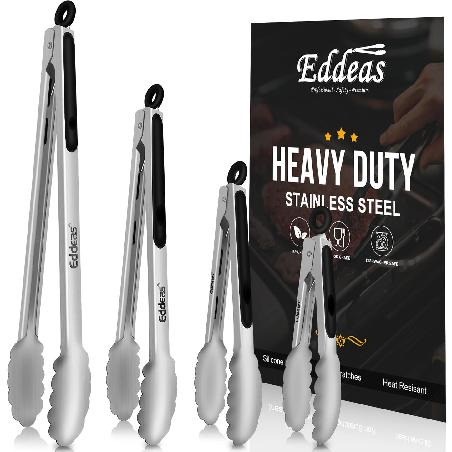 EDDEAS Grill Tongs - BBQ Tongs Heat Resistant 600 Degrees Kitchen Tongs For Cooking, Heavy Duty Metal Tongs, Perfect for Cooking Food, Salad, Grilling, Set of 4, 7",9",12" &14 inch Black