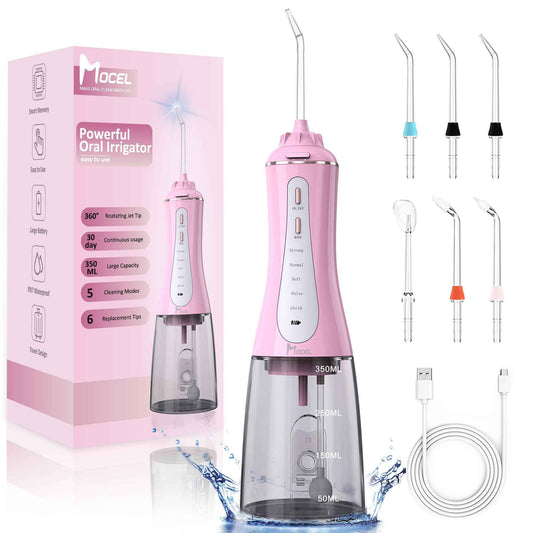 MOCEL Water Dental Flosser for Teeth - 350ML Large Tank 5 Modes & 6 Tips Cordless, Oral Irrigator Waterproof, Portable Teeth Cleaning and Flossing with Effective Plaque Remover for Adults (Pink)
