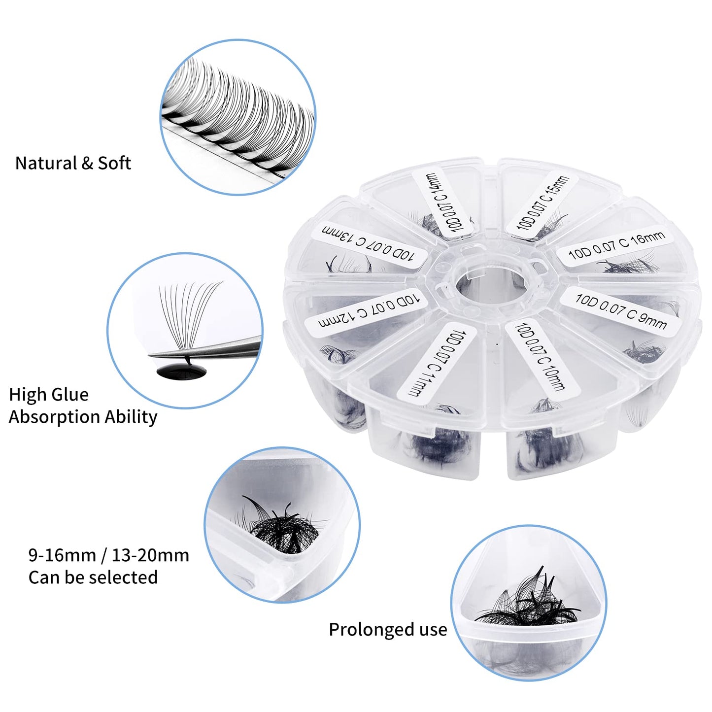 Volume Lash Extensions 10D Premade Fans Eyelash Extensions 500 PCS 0.07mm Thickness 9-16mm Mixed C/D Curl Short Stem Premade Volume Eyelash Extensions Pointed Base Fans by WENDY LASHES (500PCS-10D-0.07-C, 9-16mm Mixed Tray)