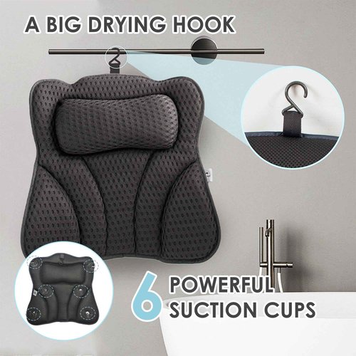Joeyset Bath Pillows for Tub Head Neck Back Support, Bathtub Pillow 4D Breathable Air Mesh, Spa Relaxing Gifts for Women, Luxury Bathing Accessories with 6 Suction Cups and Hook (Gray)