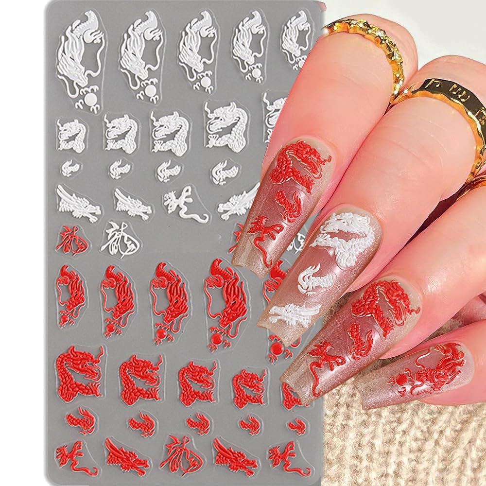 5D Embossed Dragon Nail Art Stickers for Nail Designs Black White Dragon Nail Stickers for Women Chinese Dragons Nail Decals for Nail Art Supplies Dragon Nail Sticker Manicure Stickers for Nails Decor