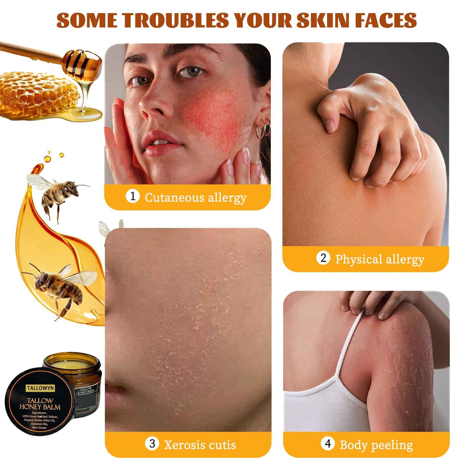 Grass-Fed Beef Tallow Balm with Raw Honey, Beef Tallow and Honey Balm for Face and Body, Natural Soothing Moisturizing, Deep Nourishing, 4.23oz / 120g