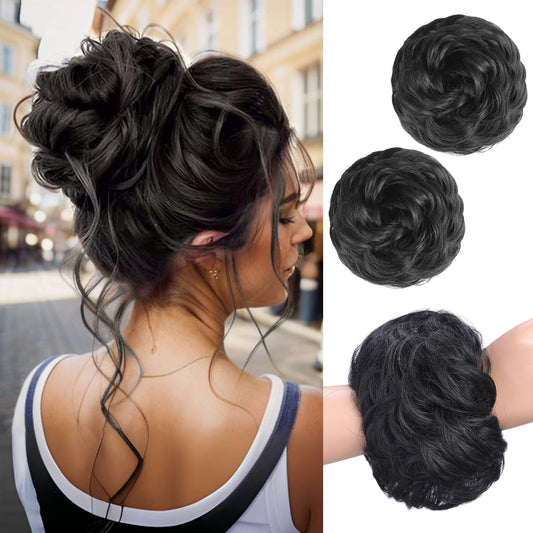 HAIRCUBE 2PCS Messy Bun Hair Piece Messy Hair Bun Scrunchies for Women Wavy Curly Chignon Ponytail Hair Extensions Synthetic Thick Tousled Updo Bun (Black)