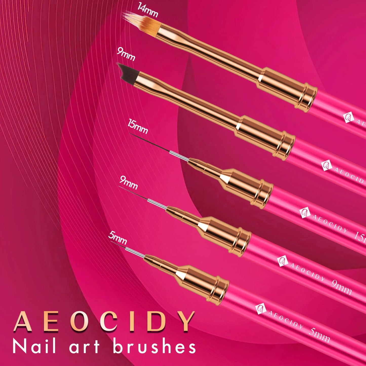 Aeocidy Nail Art Brushes Set - 5pcs Nail Brushes Nail Liner Brush Ombre French Tip Nail Brush Gel Builder Brush Nail Polish Brush Nail Art Design Tools Metal Handle for Acrylic Application Salon