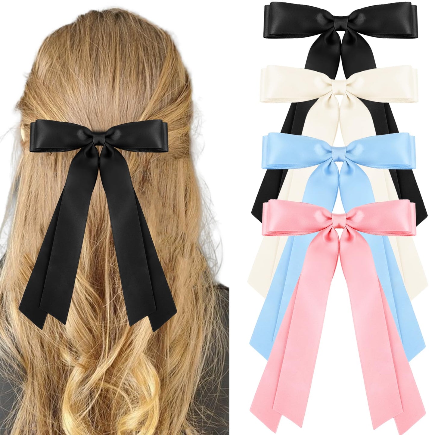 Zkptops 4Pcs Hair Bows Satin Hair Ribbon Hair Bows with Long Tail Hair Clips Cute Tassel Hair Bows Barrettes Hair Accessories Double Bow Hair Clips for Women Hairpin Barrettes (Black Beige Pink Blue)