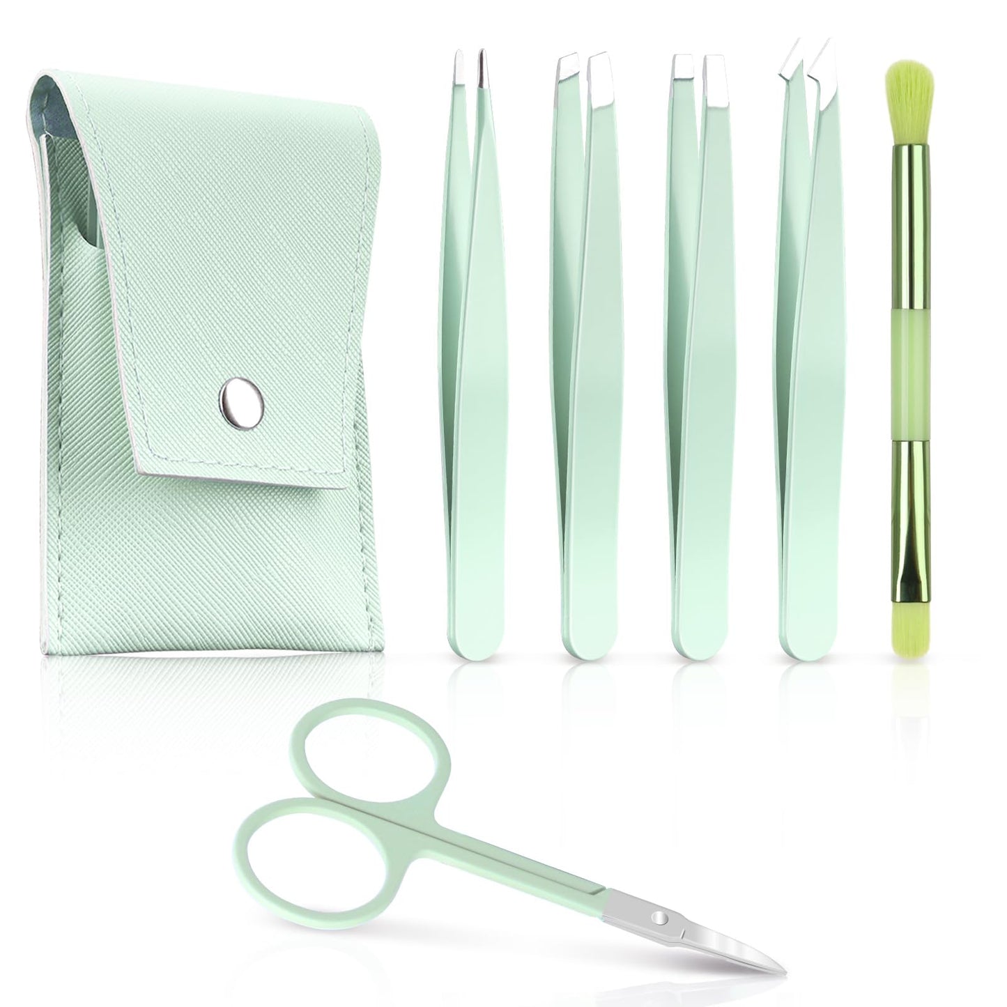 Tweezer Set, 6 Pcs Tweezers Set for Women, Precision Tweezer for Eyebrows with Curved Scissors, Eyebrow Grooming Kit for Ingrown Hair with Leather Case, Mint Green