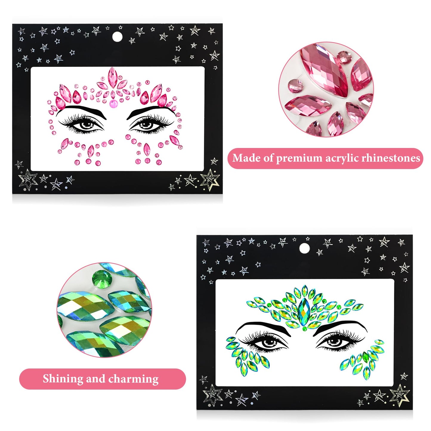 12 Sets Face Jewels Mermaid Rhinestones Stick on Temporary Tattoos Body Jewel Crystal Stickers Face Gems for Rave Festival Race Carnival Party