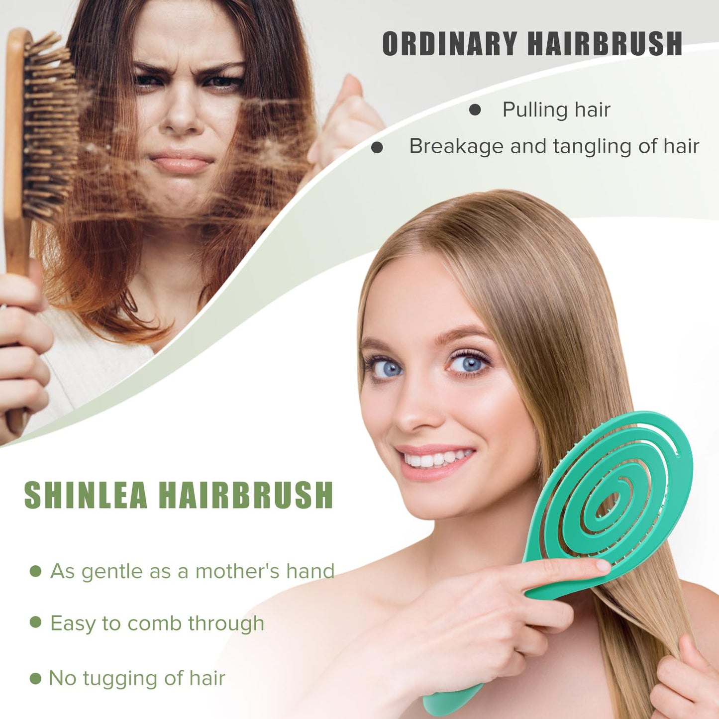 SHINLEA Detangle Hair Brush Anti Tangle Hair Brush, Detangling Wet & Dry Hair Brush Spiral Hairbrush for Women, Men, Kids, Glide Through Tangles For All Hair Types (Green)