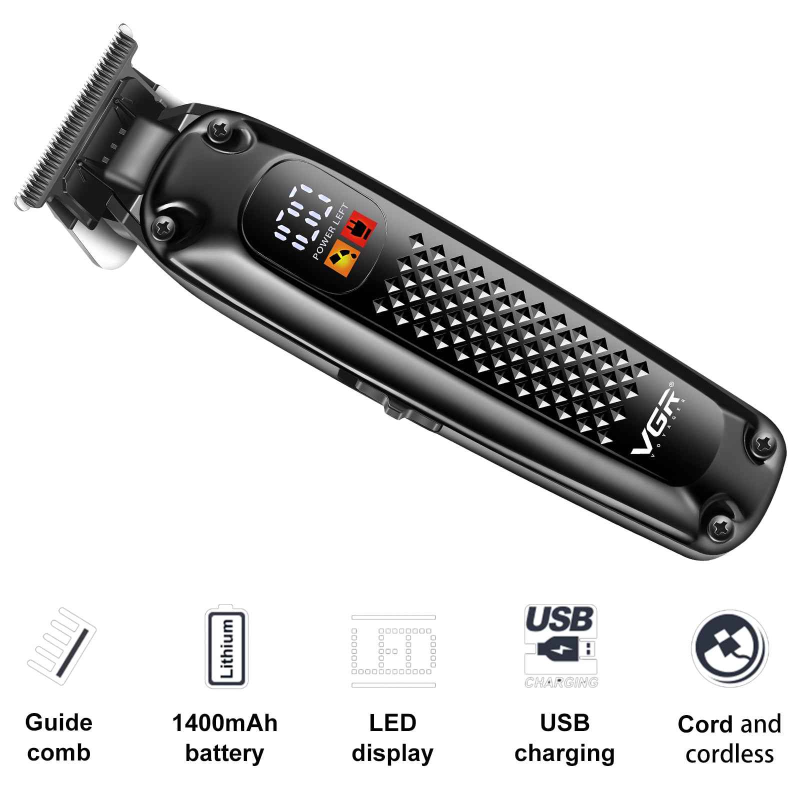 VGR 972 Professional Hair Trimmers, Precision Beard Trimmer for Men, Cord/Cordless and Rechargeable with LED Display