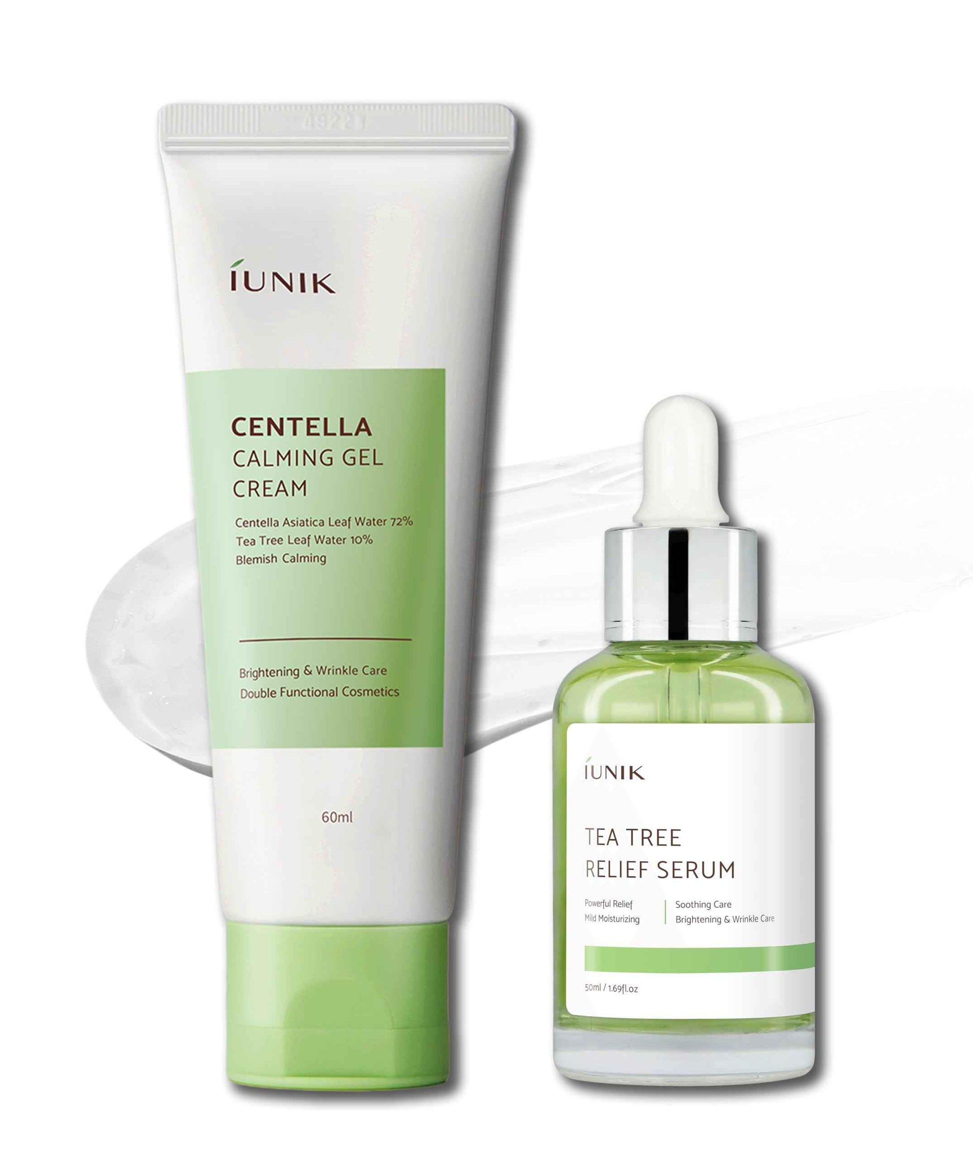 IUNIK Centella Calming Gel Cream & Tea Tree Relief Facial Serum Vegan Non-Sticky Moisturizing Blemish Care for Clear & Balanced Skin Soothing Calming Irritated & Acne-prone Skin Korean Skincare
