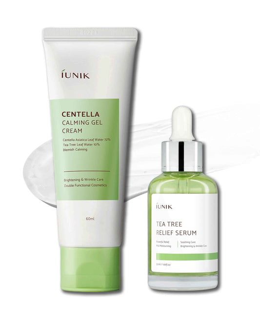 IUNIK Centella Calming Gel Cream & Tea Tree Relief Facial Serum Vegan Non-Sticky Moisturizing Blemish Care for Clear & Balanced Skin Soothing Calming Irritated & Acne-prone Skin Korean Skincare