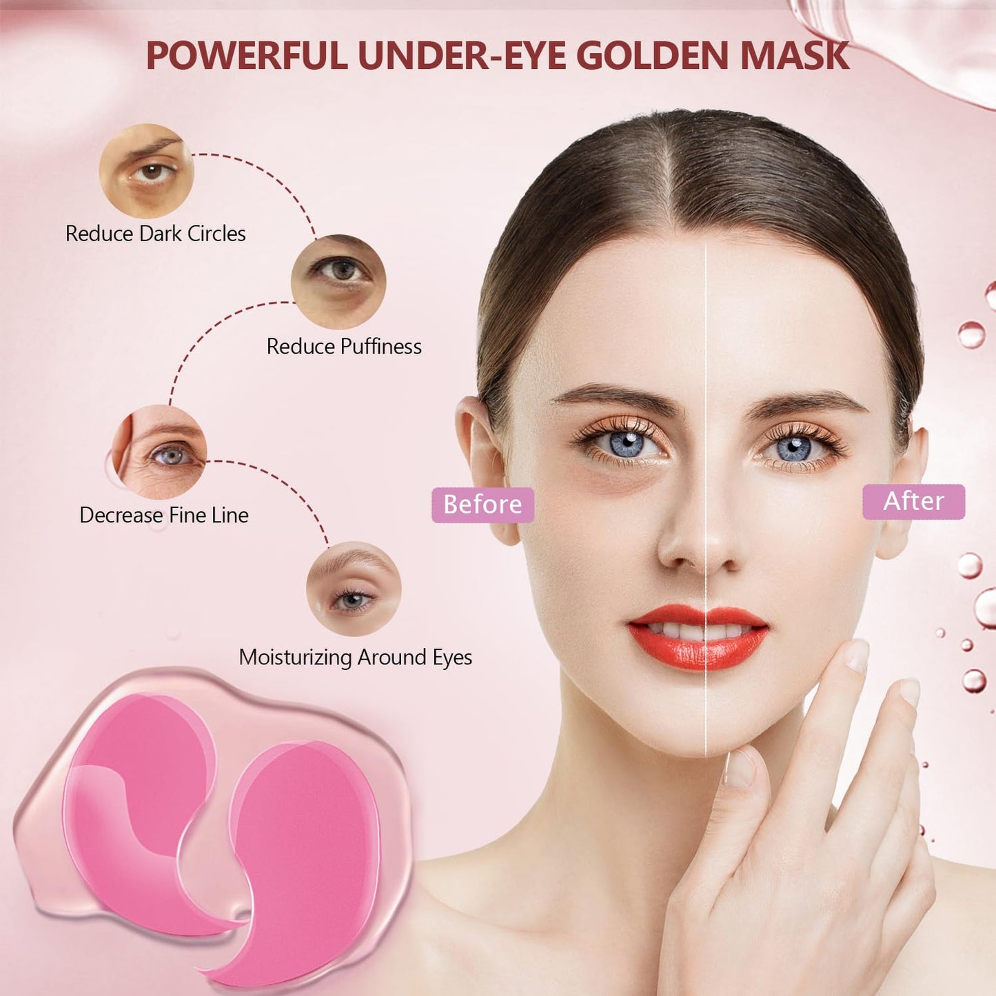 60 Pcs Pink Under Eye Patches with 5 Pieces Travel 24K Gold Eye Mask, 30 Pairs Undereye Mask for Dark Circles Puffy Eye Treatment, Collagen Gel Pads Hydrating for Eye Bag Puffiness Wrinkle