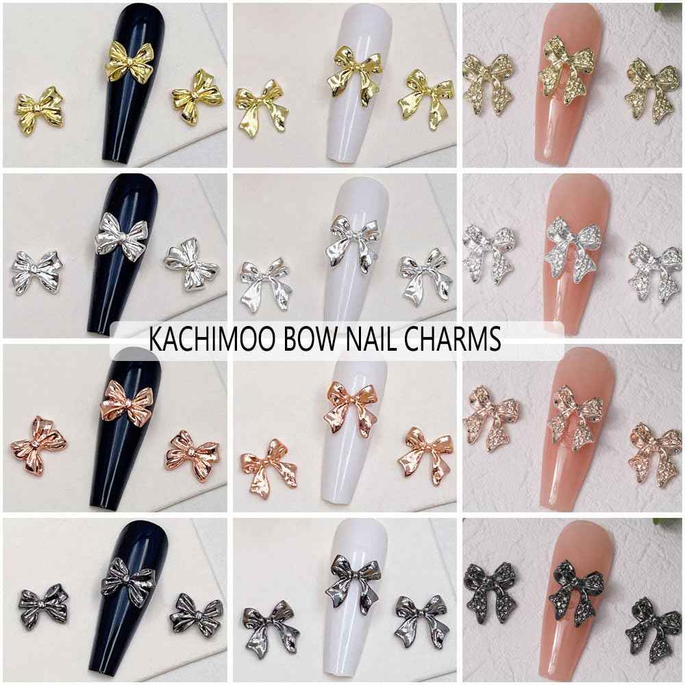 KACHIMOO 120 PCS Bow Nail Charms Silver Gold Black Rose Gold Bowknot Nail Art Charm 3D Alloy Bow Charms for Nail Art Design