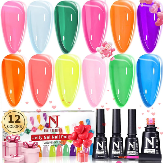 noirwhite Jelly Gel Nail Polish, 12 Pcs Glossy Trendy Colors Transparent Nail Polish Set Nude Pink Purple Green Blue Yellow Colors Jelly Nail Polish Kit UV LED Soak Off Home DIY Nail Art Salon