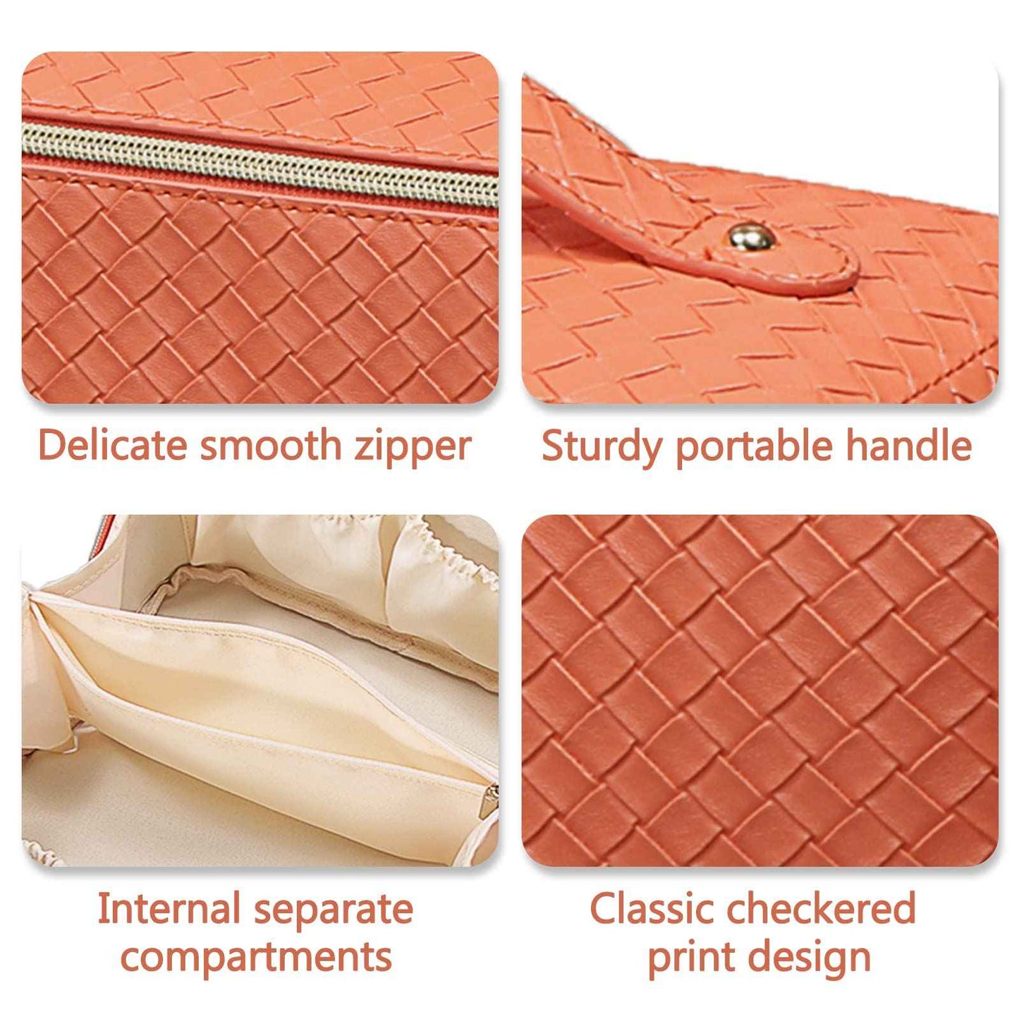 BAKLUCK Large Capacity Travel Cosmetic Bag with Compartment - Waterproof PU Leather Portable Checkered Makeup Organizer Bag for Women and Girls - Orange