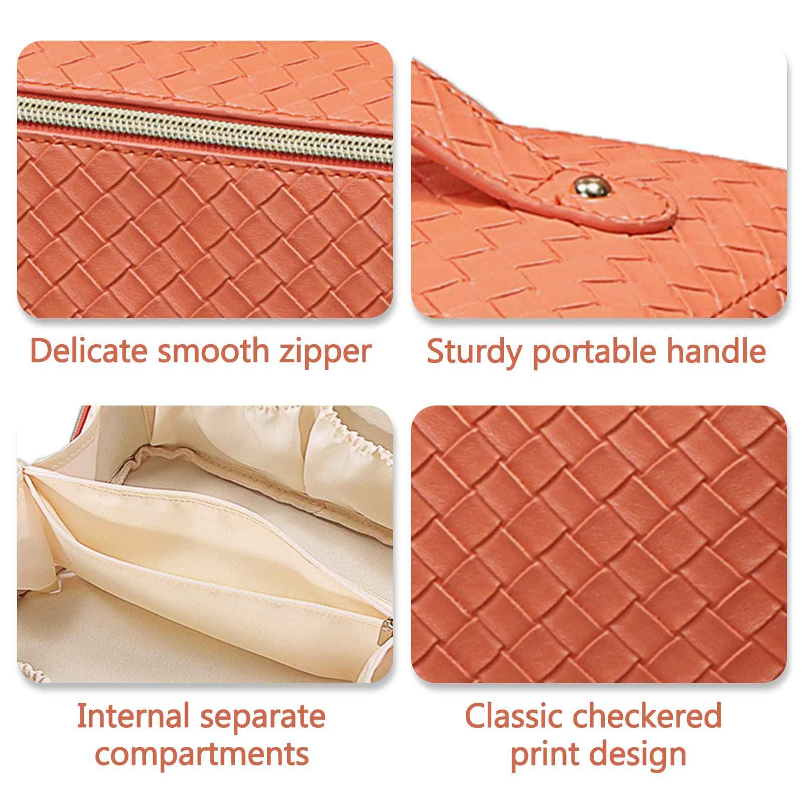 BAKLUCK Large Capacity Travel Cosmetic Bag with Compartment - Waterproof PU Leather Portable Checkered Makeup Organizer Bag for Women and Girls - Orange
