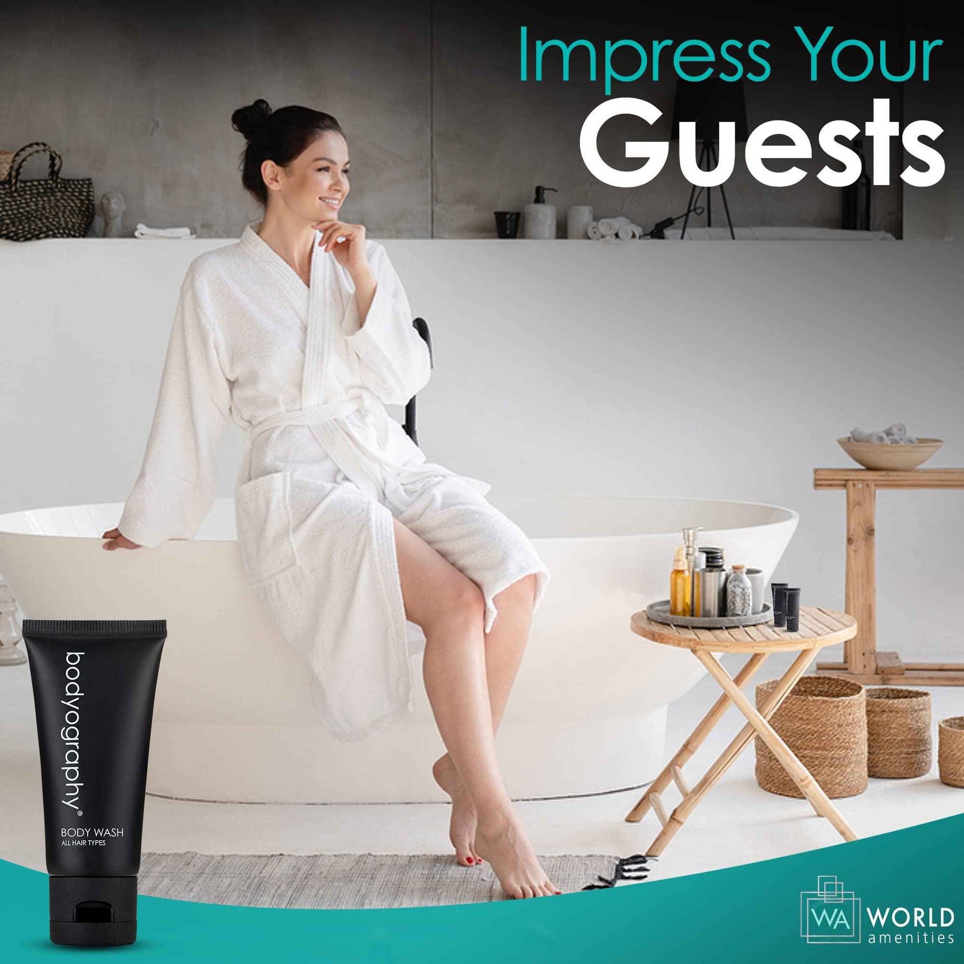 World Amenities - Bodyography - Bulk Body Wash | 50 Count, 1.4oz | Lavender Peppermint, Mini Travel Size Toiletries (100% Recyclable Tube with Flip Top Cap) Hotel Amenities.