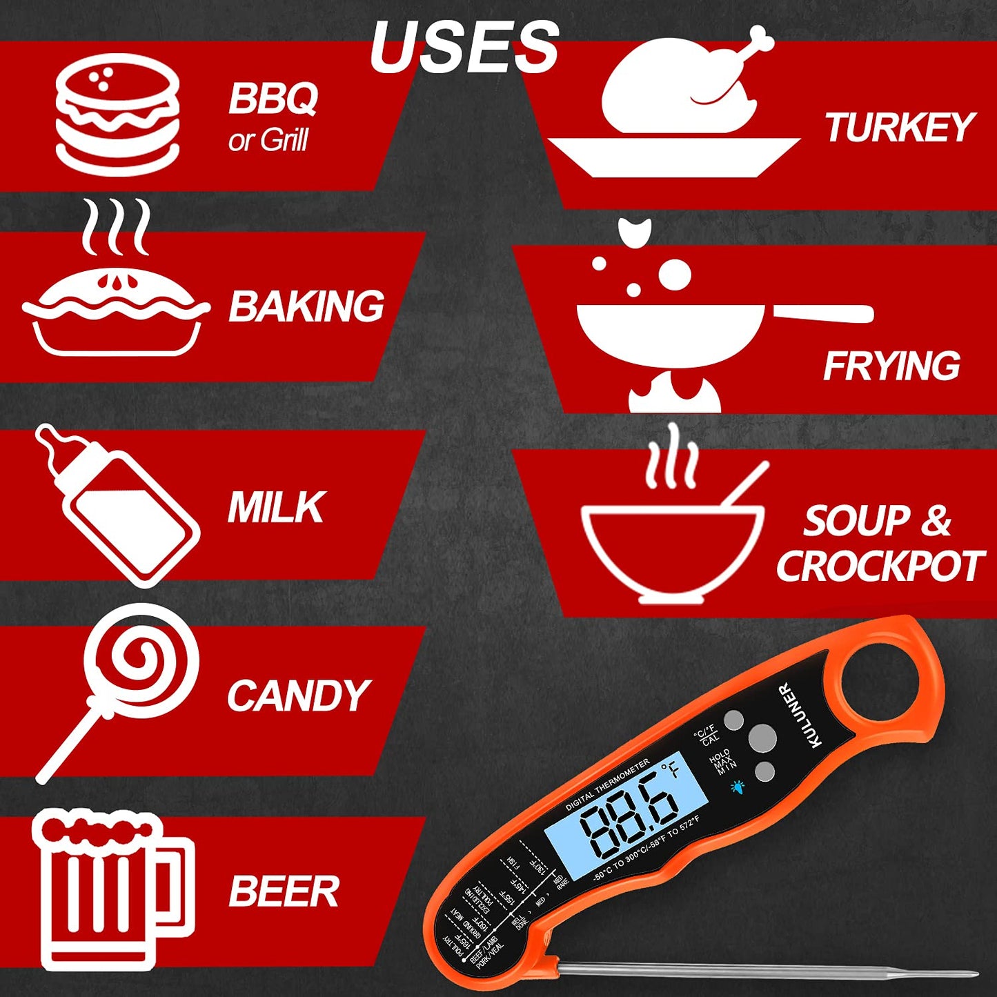 KULUNER TP-01 Waterproof Digital Instant Read Meat Thermometer with 4.6 Folding Probe Backlight Calibration Function for Cooking Food Candy, BBQ Grill, Liquids,Beef(Orange)