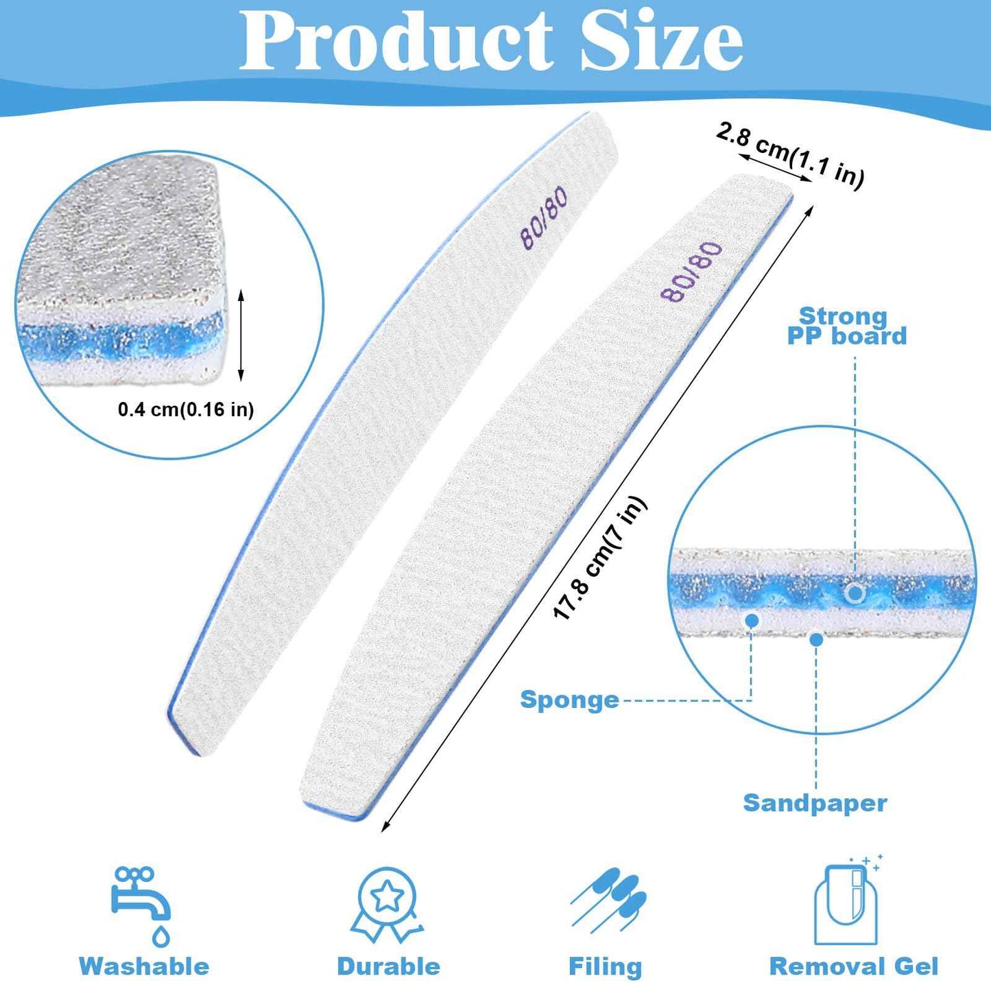 Lanties 200 Pcs 80/80 Grit Nail Files, Reusable Nail File Double Sided Emery Boards for Acrylic and Gel Nails, Professional Fingernail File Manicure Tools for Salon Pedicure Beauty (Sector)