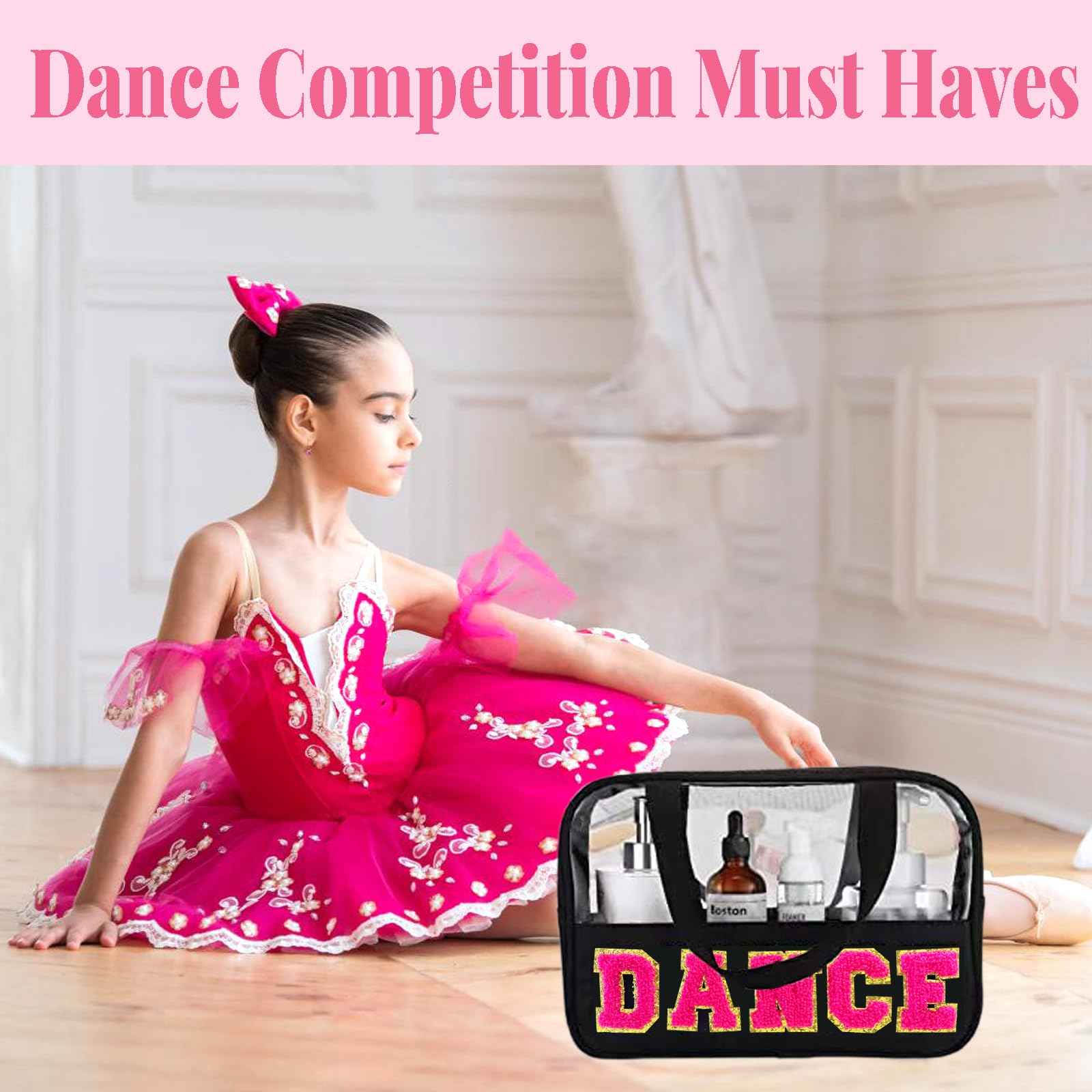 Kovewon Chenille Letter Bags for Dance Recital Gifts Clear Ballet Dance Makeup Bag with Handle and Zipper Waterproof Nylon Portable Toiletry Bag, Dance Competition Must Haves