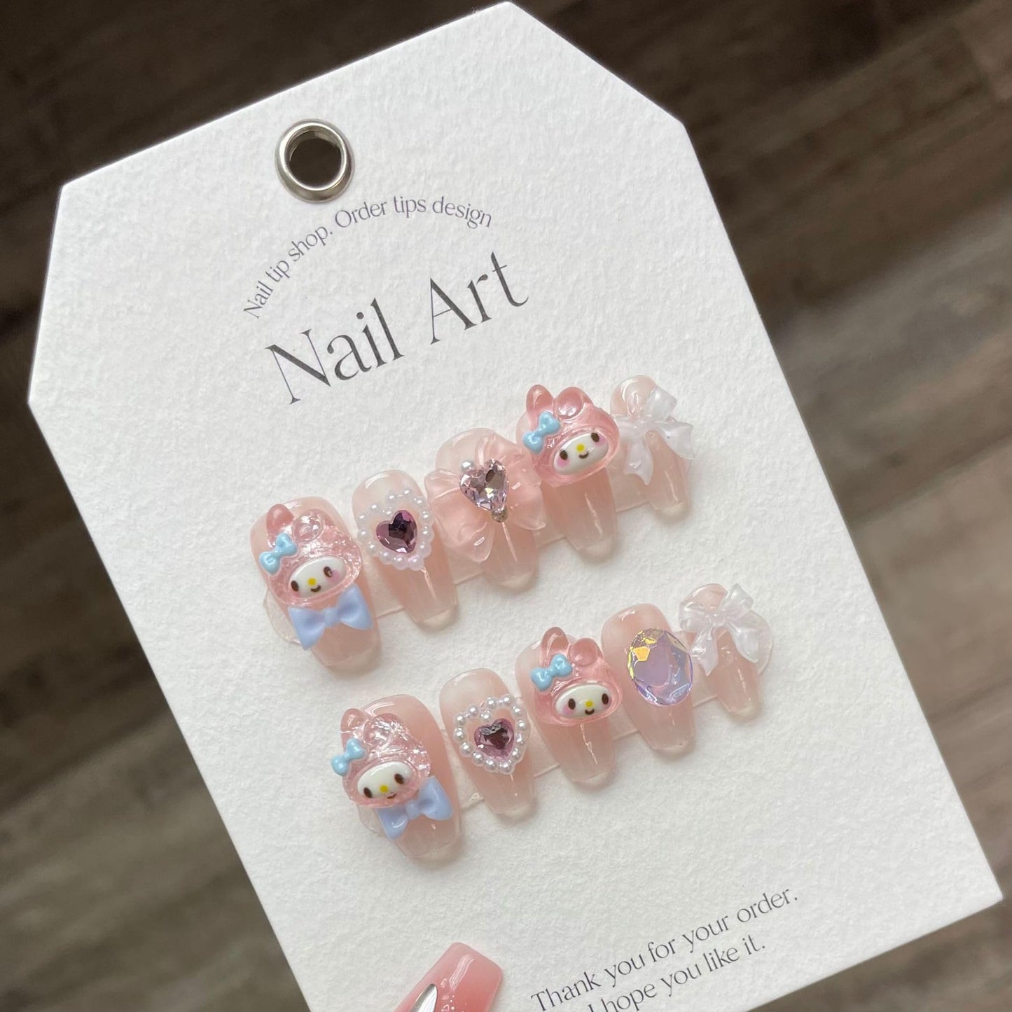 NLSJMP Thick Acrylic Press on Nails, Handmade Gel Press On Nails Long Square, bling pearl Cute bow rhinestone Kawaii Fake Nails Kit,Reusable 10 Nails Size M,#949