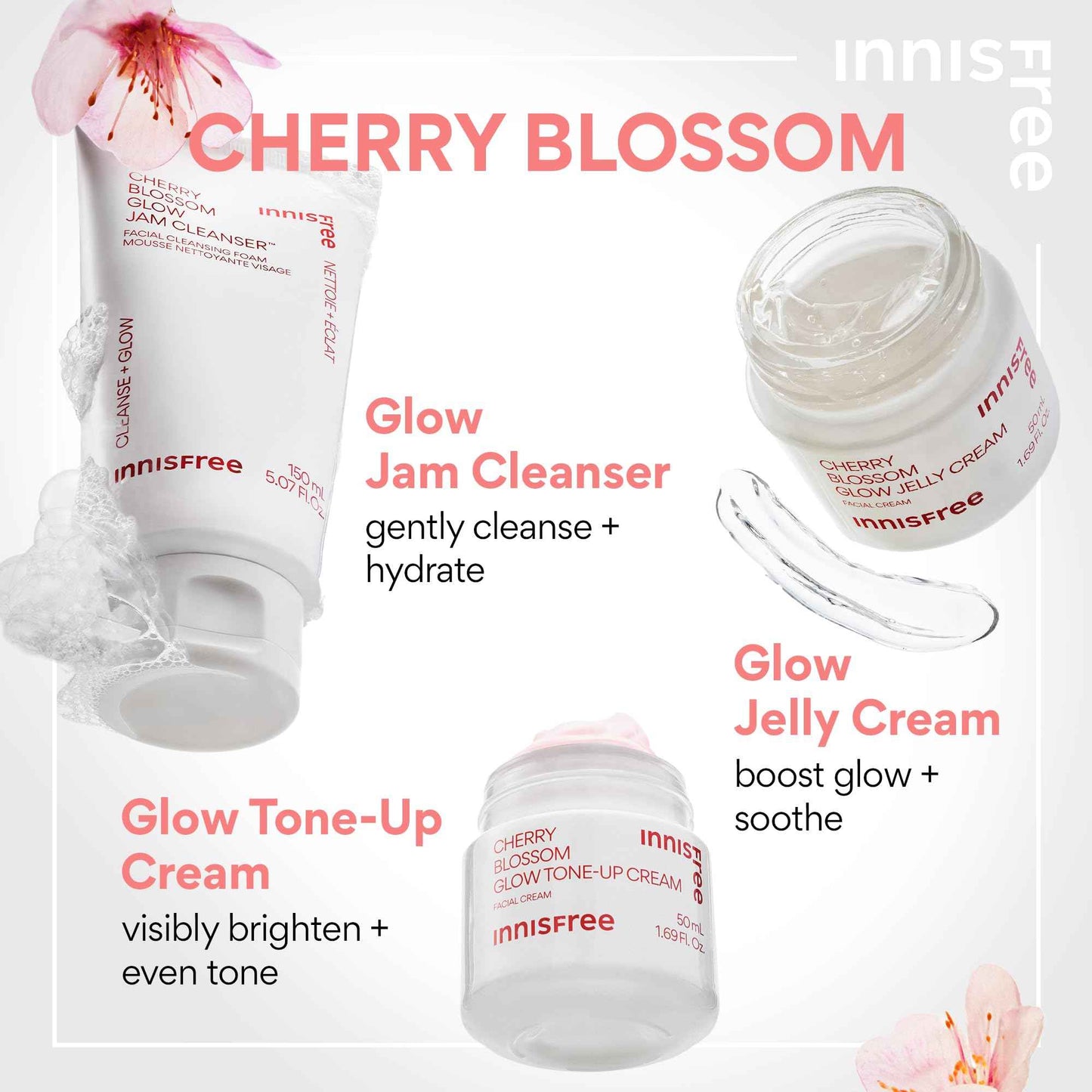 innisfree Cherry Blossom Glow Tone-Up Cream with Niacinamide for Bright, Even Skin Tone, Korean Skincare Gel Moisturizer for Face (Packaging May Vary)