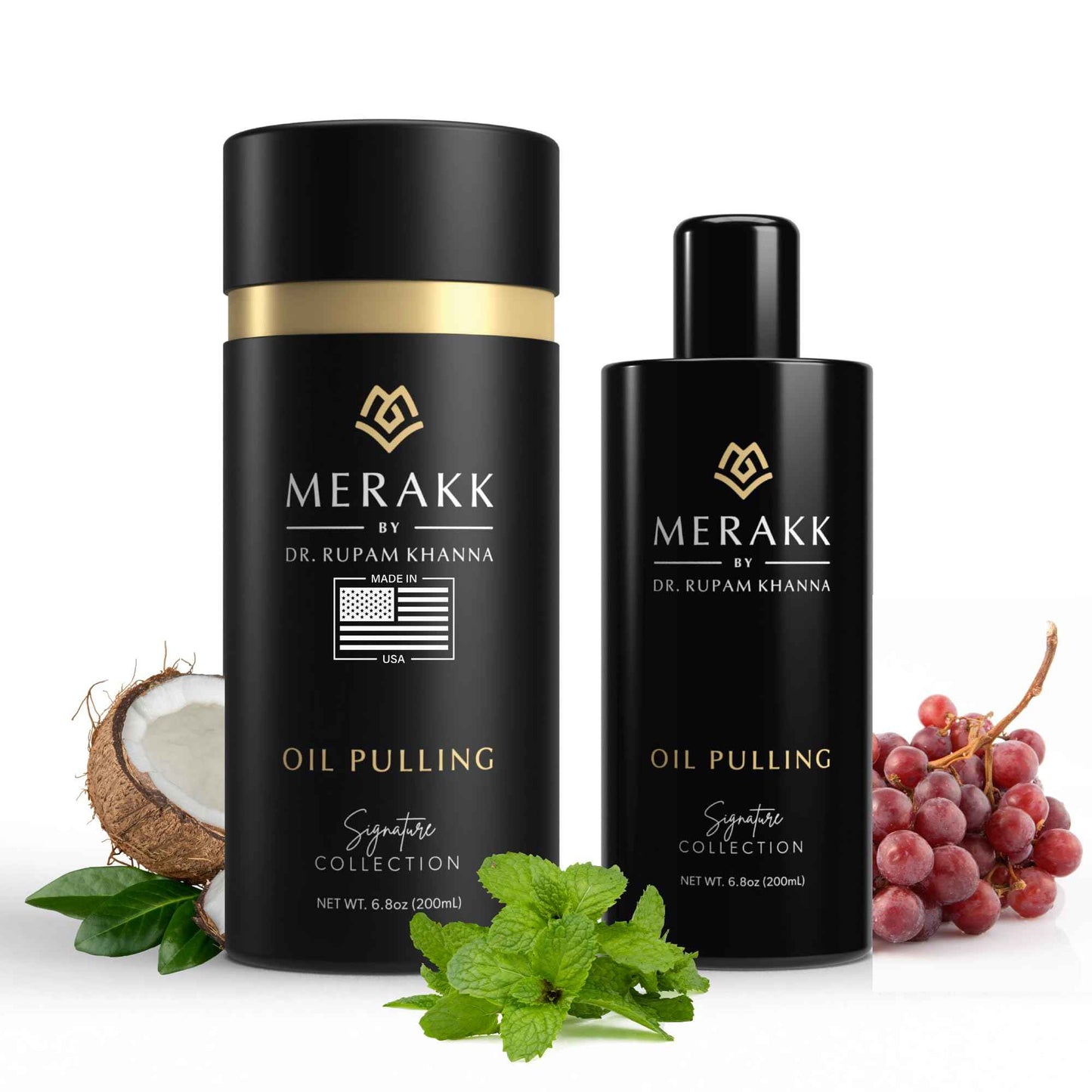 Merakk Coconut Oil Pulling Whitening Mouthwash for Teeth & Gums | Doctor Formulated | Natural Ayurvedic Oil, Clove & Grape Seed Oil - Oral Rinse - 6.8oz