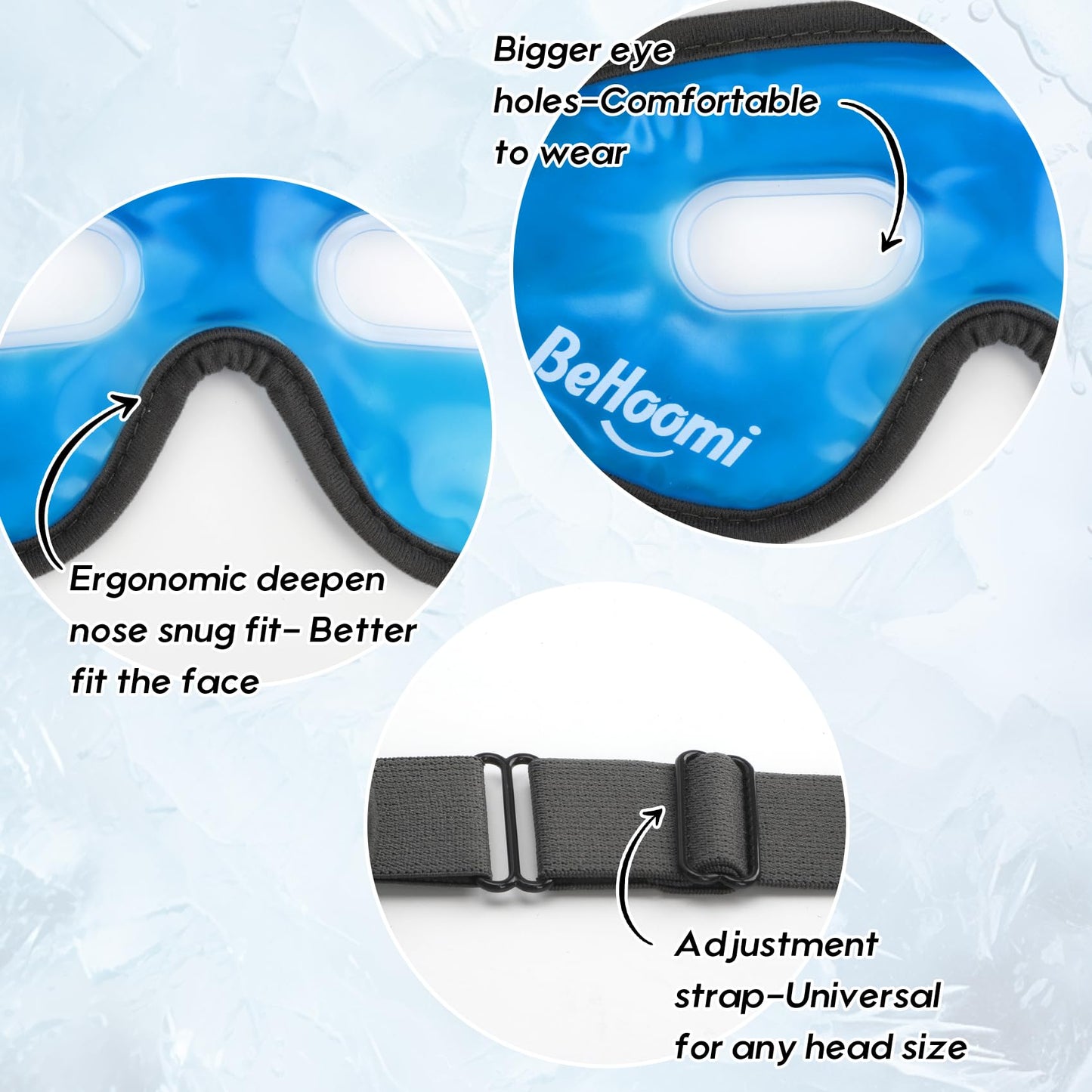 BeHoomi Cooling Eye Mask, Gel Eye Mask with Holes, Reusable Ice Mask, Cool Eye Ice Pack, Comfort Snug Fit, No Freeze, Cold Eye Compress for Home, Office, Relaxation, Morning Refreshment, Blue