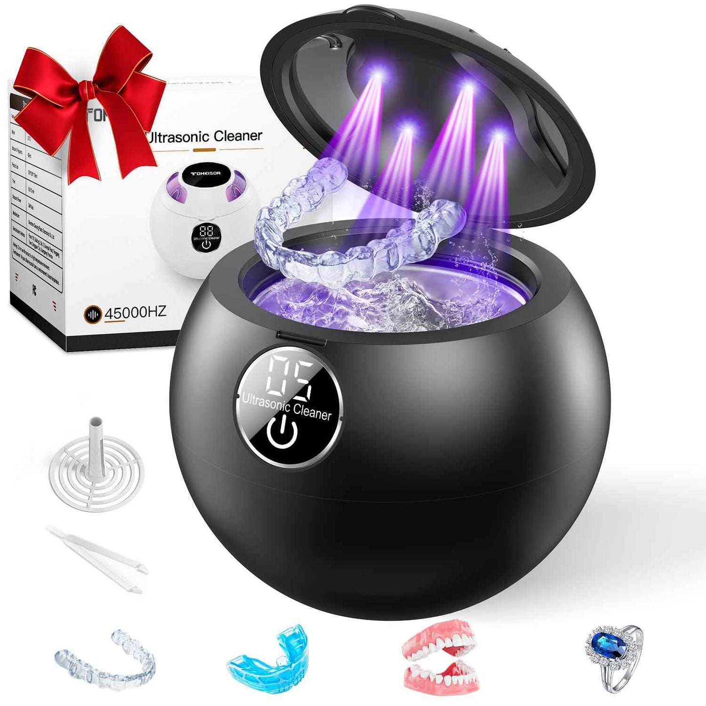 Ultrasonic Retainer Cleaner Machine,45kHz Ultrasonic Cleaner,360°Cleaning for Dentures,Aligner,Mouth Guard,Jewelry,Braces,Toothbrush Heads with 200 ML Dental Cleaning Pod, 3 Modes,Black