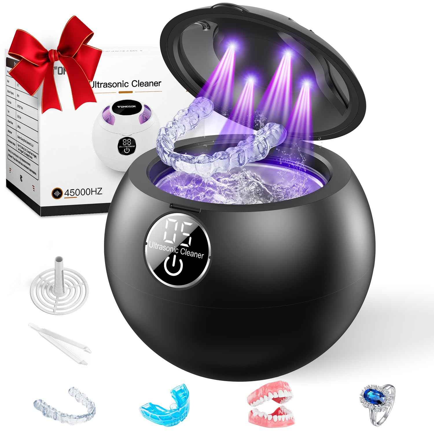 Ultrasonic Retainer Cleaner Machine,45kHz Ultrasonic Cleaner,360°Cleaning for Dentures,Aligner,Mouth Guard,Jewelry,Braces,Toothbrush Heads with 200 ML Dental Cleaning Pod, 3 Modes,Black