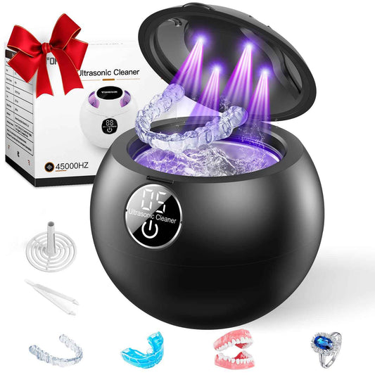 Ultrasonic Retainer Cleaner Machine,45kHz Ultrasonic Cleaner,360°Cleaning for Dentures,Aligner,Mouth Guard,Jewelry,Braces,Toothbrush Heads with 200 ML Dental Cleaning Pod, 3 Modes,Black