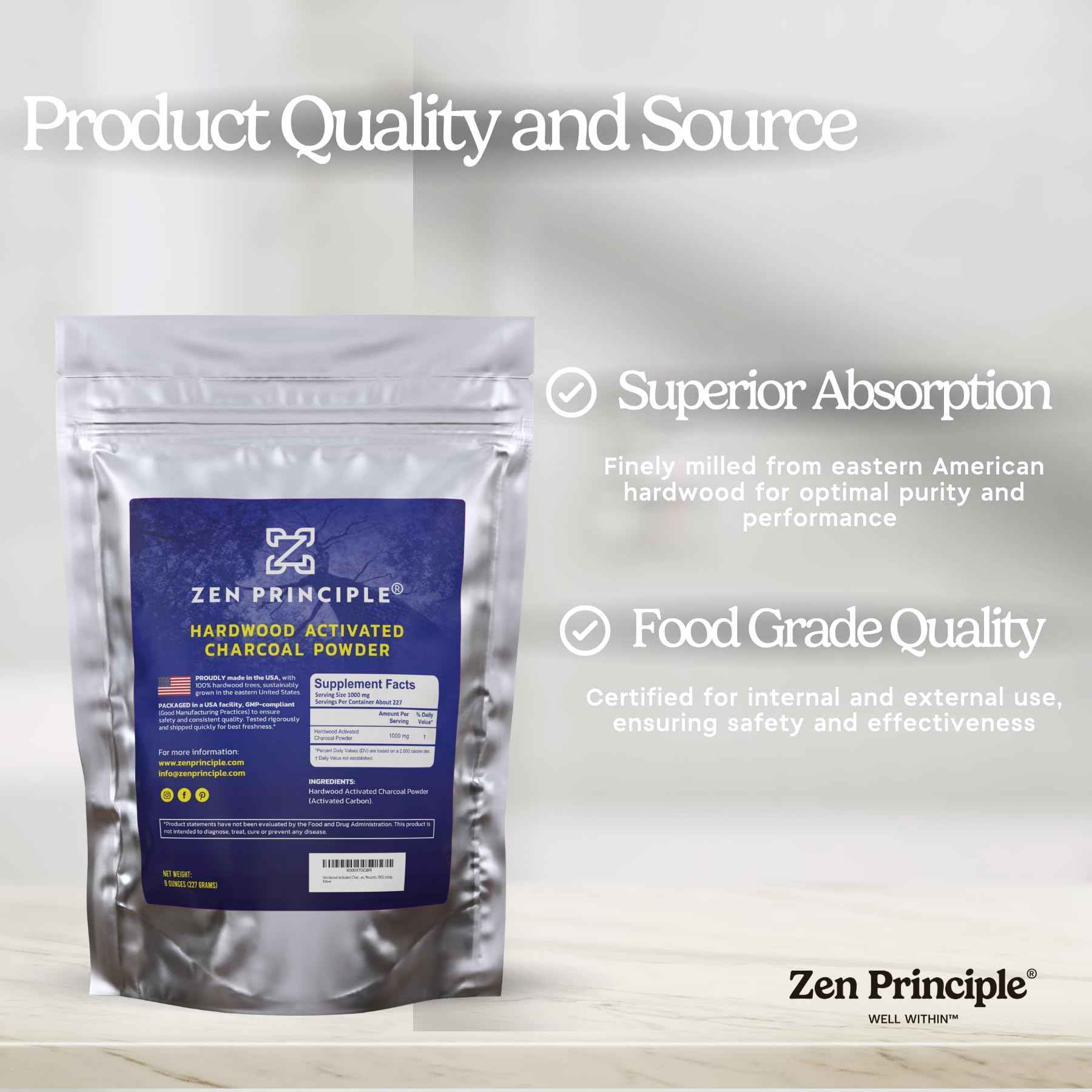 Zen Principle Hardwood Activated Charcoal Powder 100 Percent from USA Trees. All Natural. Whitens Teeth, Rejuvenates Skin and Hair, Supports Better Digestion, 40 Oz