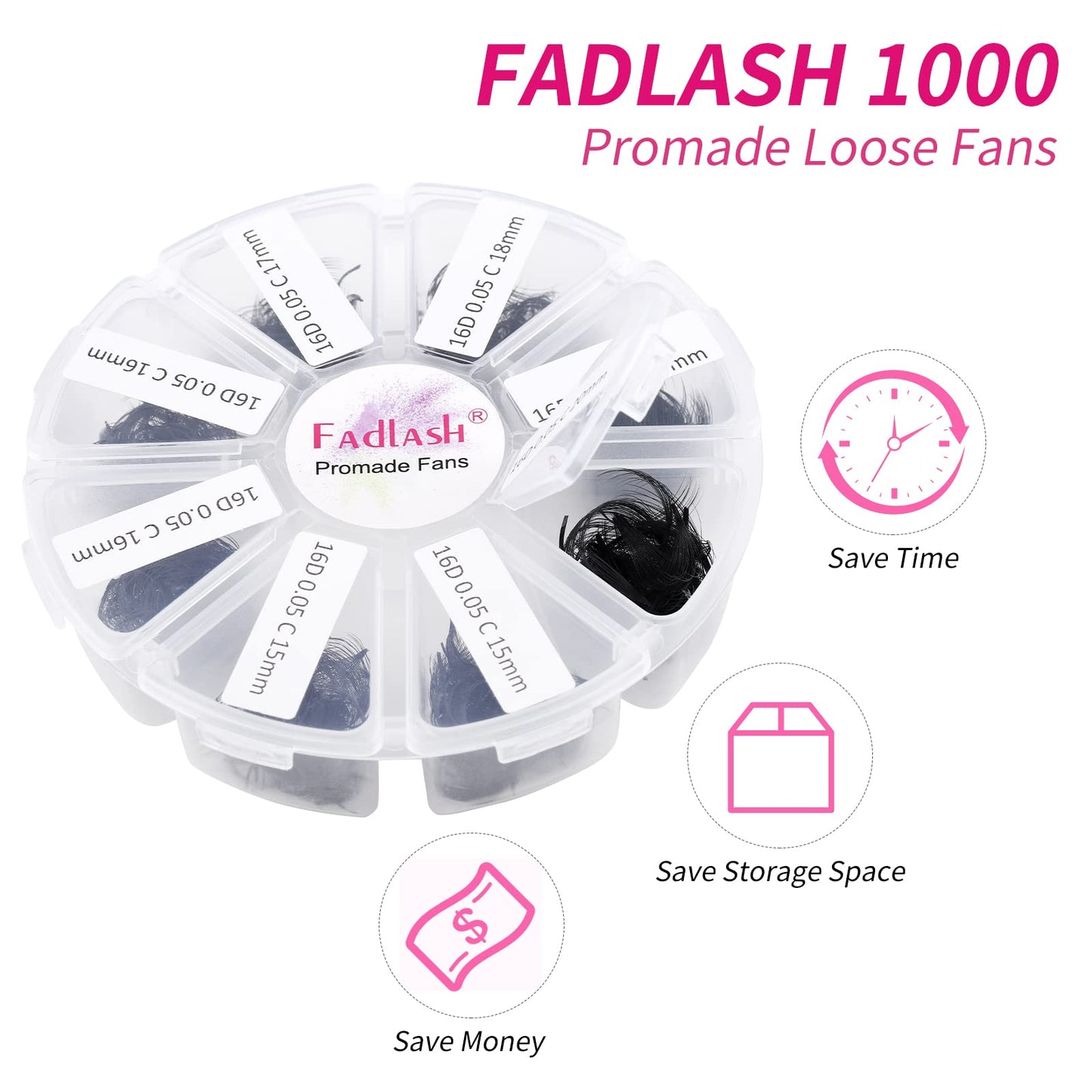 Volume Lash Extensions 1000pcs Premade Fans Eyelash Extensions Promades Eyelash Loose Fans Pointed Base 5D/8D/10D/12D/14D/16D 9-16mm/15-20mm Mixed Tray Avalible (16D-0.05C, 9-16mm)