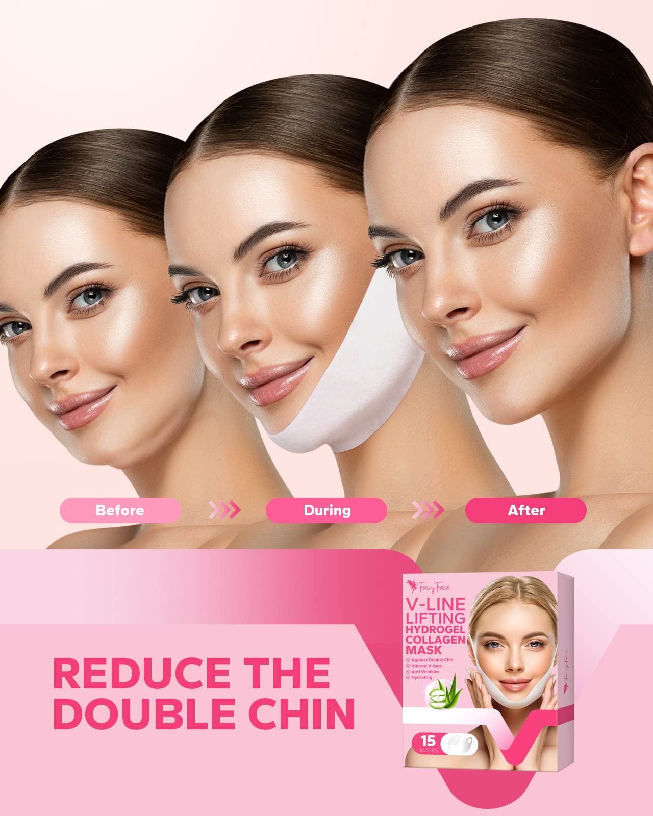 FairyFace V Line Shaping Face Masks (15 Count), Double Chin Reducer, Lifting Hydrogel Collagen Mask with Aloe Vera and Seaweed, Anti-Aging and Anti-Wrinkle Masks