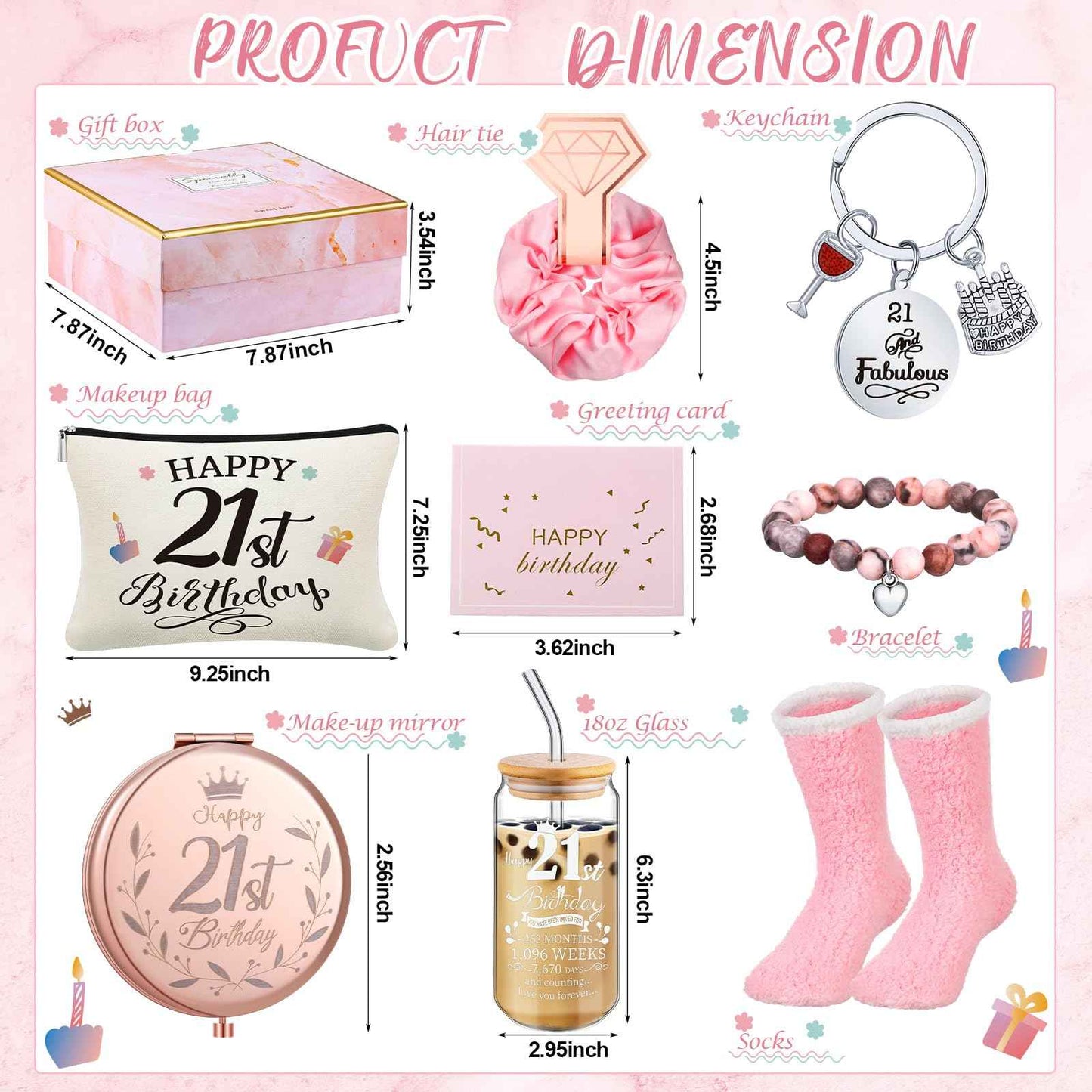 Yungyan 9 Pcs 21th Birthday Gifts for Her Bday Gift Basket Include Makeup Bag 18 oz Glass Cup Socks Keychain Thank You Card Funny Unique Present for Mom Women Female Daughter Born in 2004, 21 Fabulous