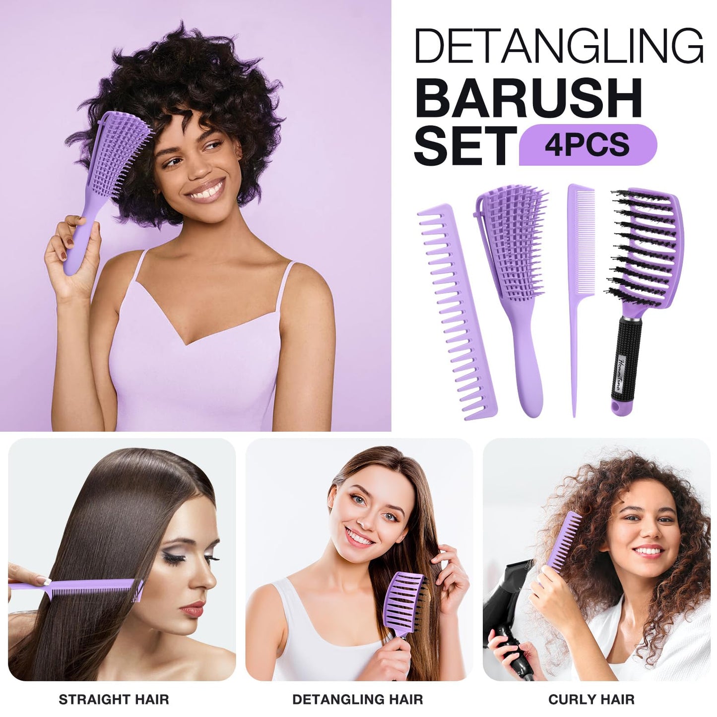 Hommtina Detangling Brush 4 Pack Curly Hair Brush Getting Shine and Makes Hair Smooth, Detangler Boar Bristle Hair Brush for Adult & Kids Wet or Dry Hair (4 PCS, Purple)