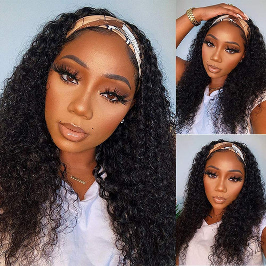 WENYAN Headband Wig Human Hair Deep Wave 16 Inch Wigs for Black Women Glueless None Lace Front Curly Wave Wig Brazilian Virgin Hair Wear and Go Wigs Machine Made 150% Density Wigs Natural Color