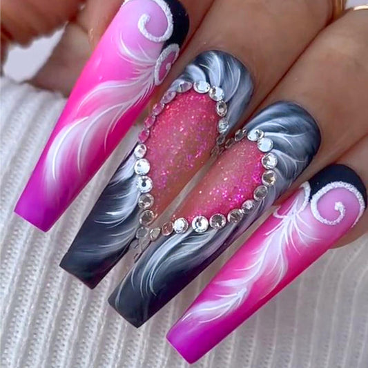 Heart Nails Press on Nails Long Coffin Fake Nails with Valentines Day Designs Angel Wings Rhinestones Pink Full Cover Acrylic Black False Nails Square Medium Glue on Nails for Women and Girls 24Pcs