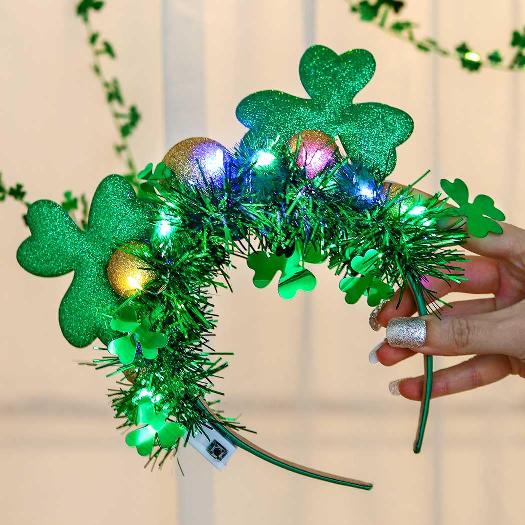 Aceorna Light Up St Patricks Day Headbands Led Green Mouse Ear Hairbands Clover Bow Hair Hoop Foil Irish Headpiece for Women (C)