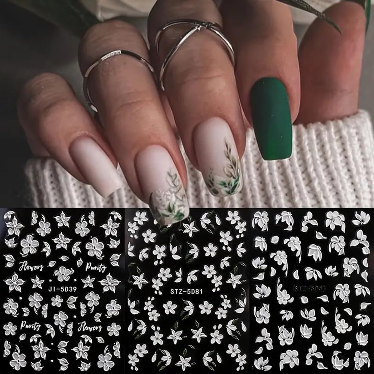 Flower Nail Art Stickers Decals White Flower Nail Stickers 5D Embossed Nail Decals Spring White Flowers Leaf Engraved Nail Art Design Supplies Flower Stickers for Nails Women Manicure Nail Decoration