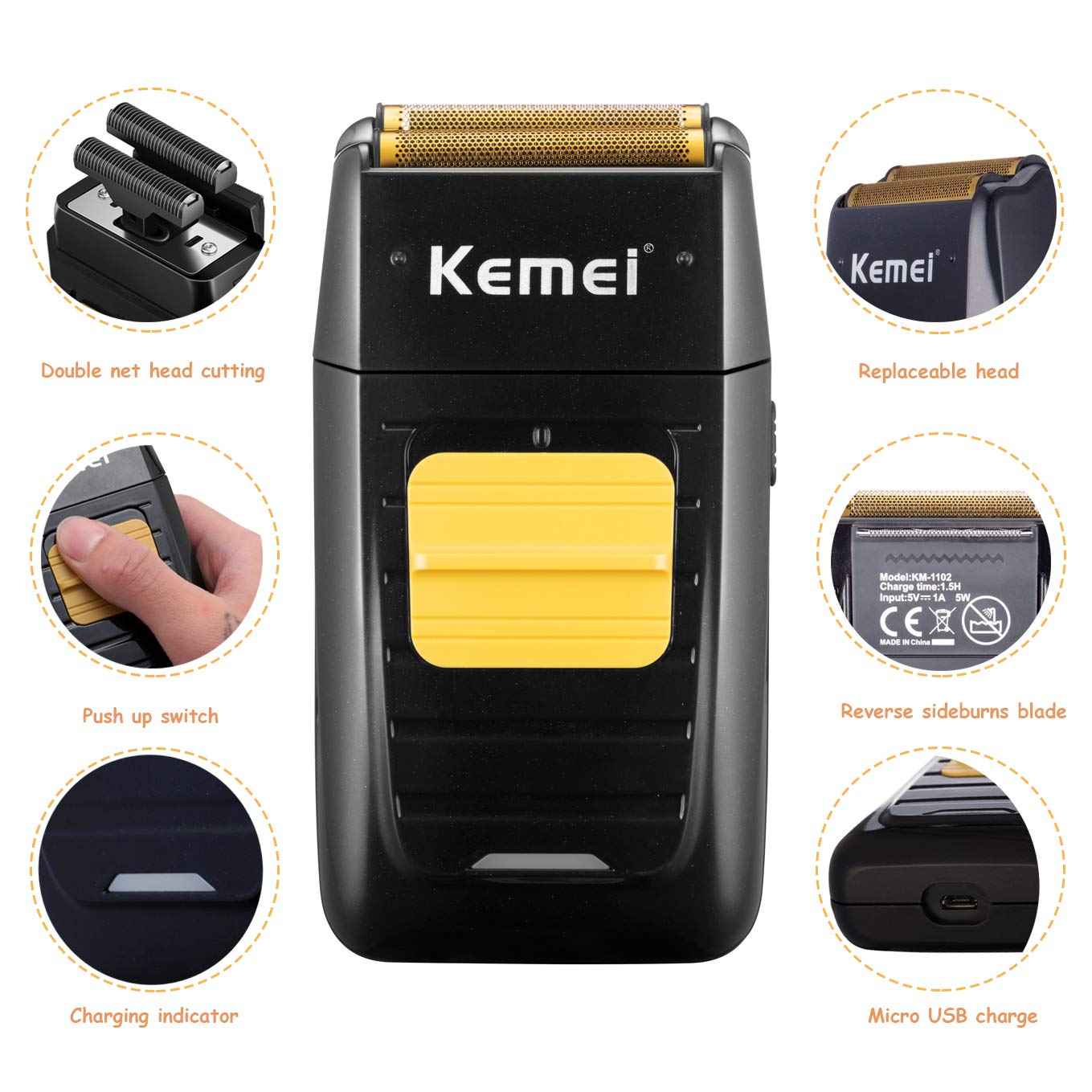 KEMEI Foil Shaver Double Electric Shaver for Men, Professional Electric Razors Head Shaver for Bald Men, Barber Supplies Cordless Rechargeable