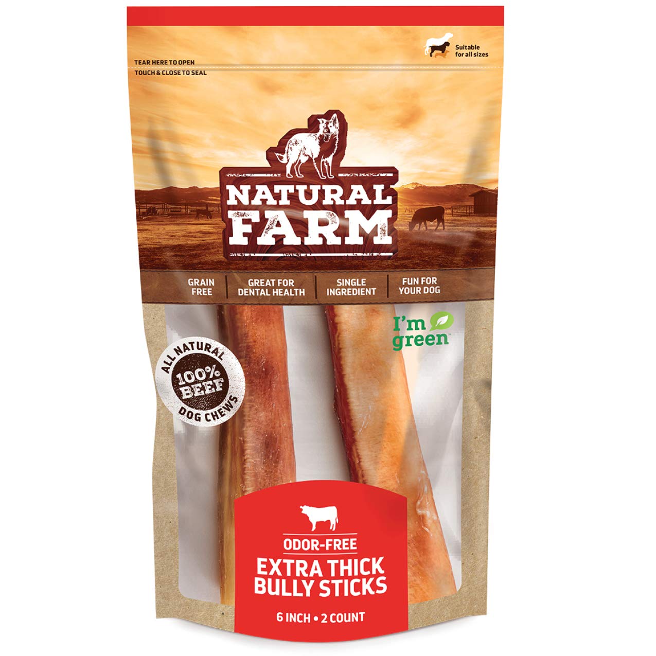 Natural Farm Odor-Free Jumbo Bully Sticks, (6 Inch, 2 Pack), Extra-Thick Chews for Dogs, Fully Digestible 100% Beef Treats, Great for Dental Health, Keep Your Dog Busy with 50% Longer Lasting Chews