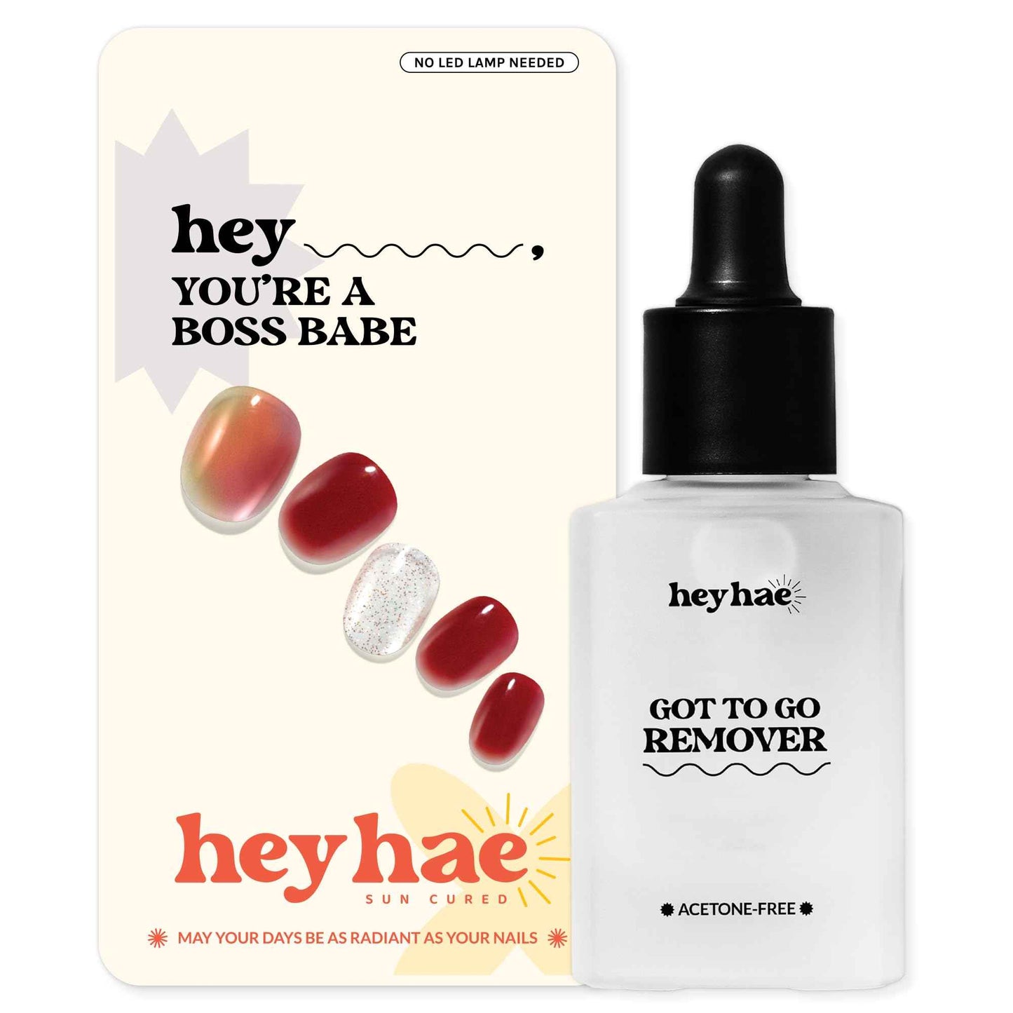 Heyhae Essentials Bundle - Semi Cured Gel Nail Strips (Hey, You're a Boss Babe) + Got To Go Remover [2 Pack]