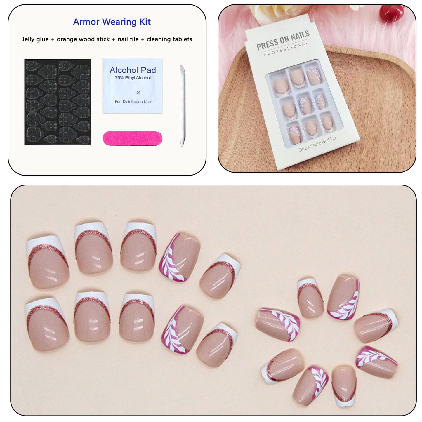 Short Press on Nails Square White French Tip Nails Acrylic False Nails with Glue Glitter and Leaves Design Artificial Fake Nails Reusable Gel Stick on Nails for Women