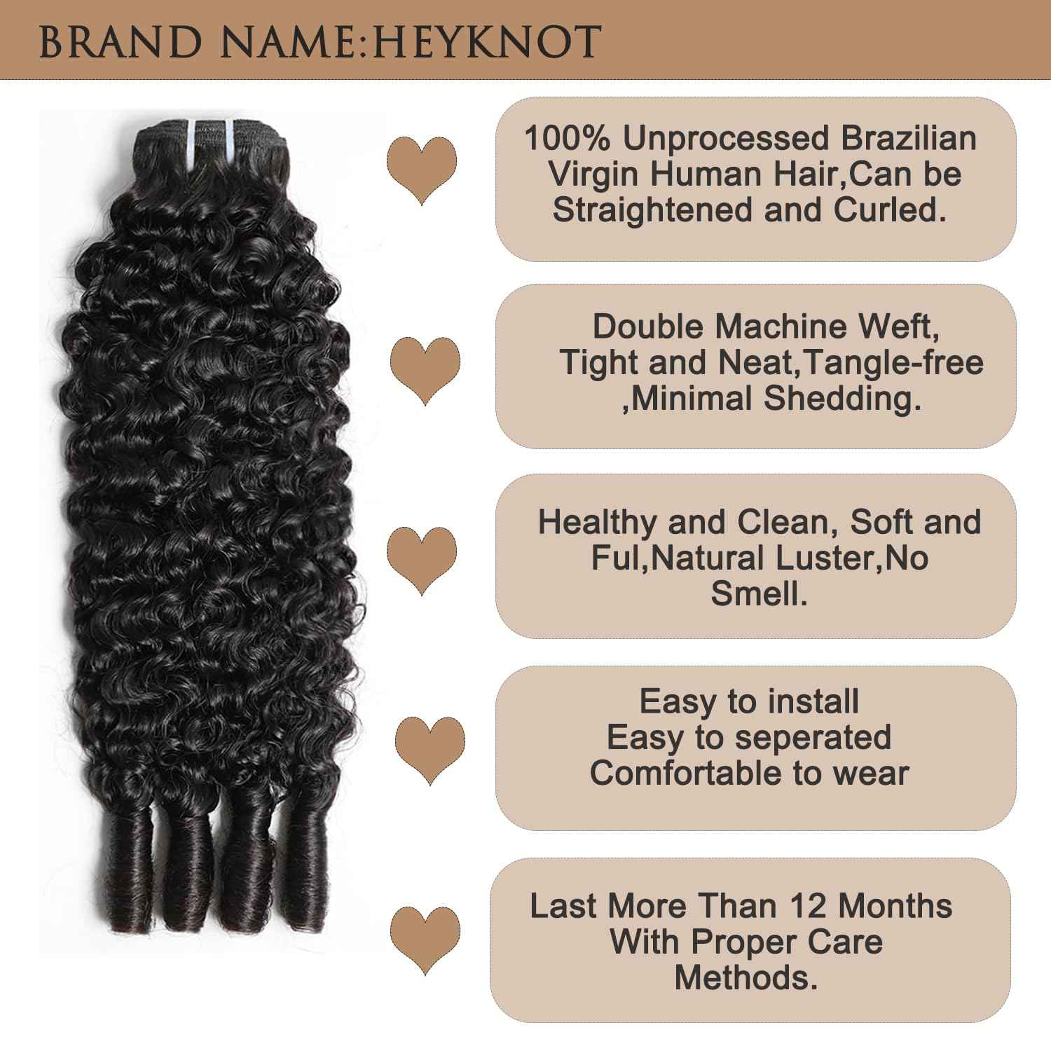 HEYKNOT Burmese Curly Bundles Human Hair 16 Inch Water Wave 100% Unprocessed Brazilian Virgin Hair Quick Weave Hair 3C4A Deep Curly human hair wet and wavy bundles for Women Natural Black
