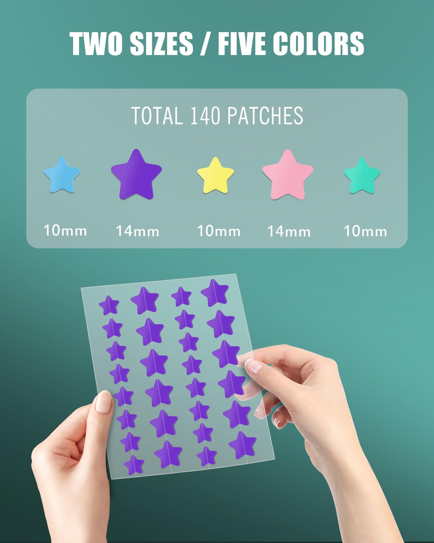 Jefusst 140 Counts Star Acne Patches, Star Pimple Patch Pimple Patches for Face Hydrocolloid Acne Patches Cute Zit Patches for Face Healing Sticker - Turquoise, Blue, Pink, Purple and Yellow