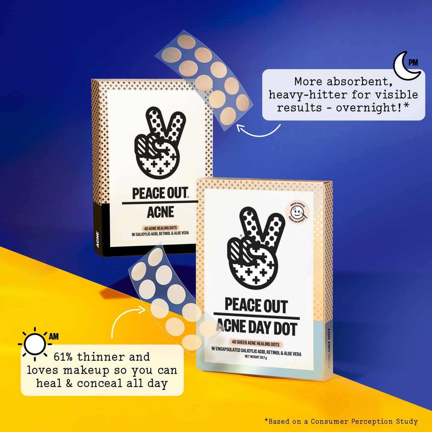 PEACE OUT Skincare Acne Day Dot Jumbo, 6-hour Fast Acting Sheer Hydrocolloid Pimple Patches with Salicylic Acid, Ultra-Thin, Virtually Invisible, Quickly Clear Breakouts, Blemishes and Zits, 40 dots